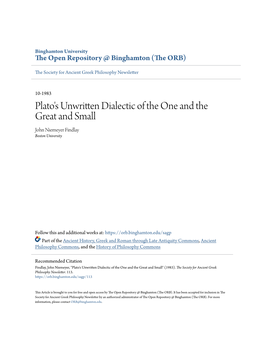 Plato's Unwritten Dialectic of the One and the Great and Small John Niemeyer Findlay Boston University