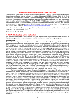 Research Accomplishments (Dinshaw J. Patel Laboratory) This Document Summarizes Research Accomplishments from the Dinshaw J
