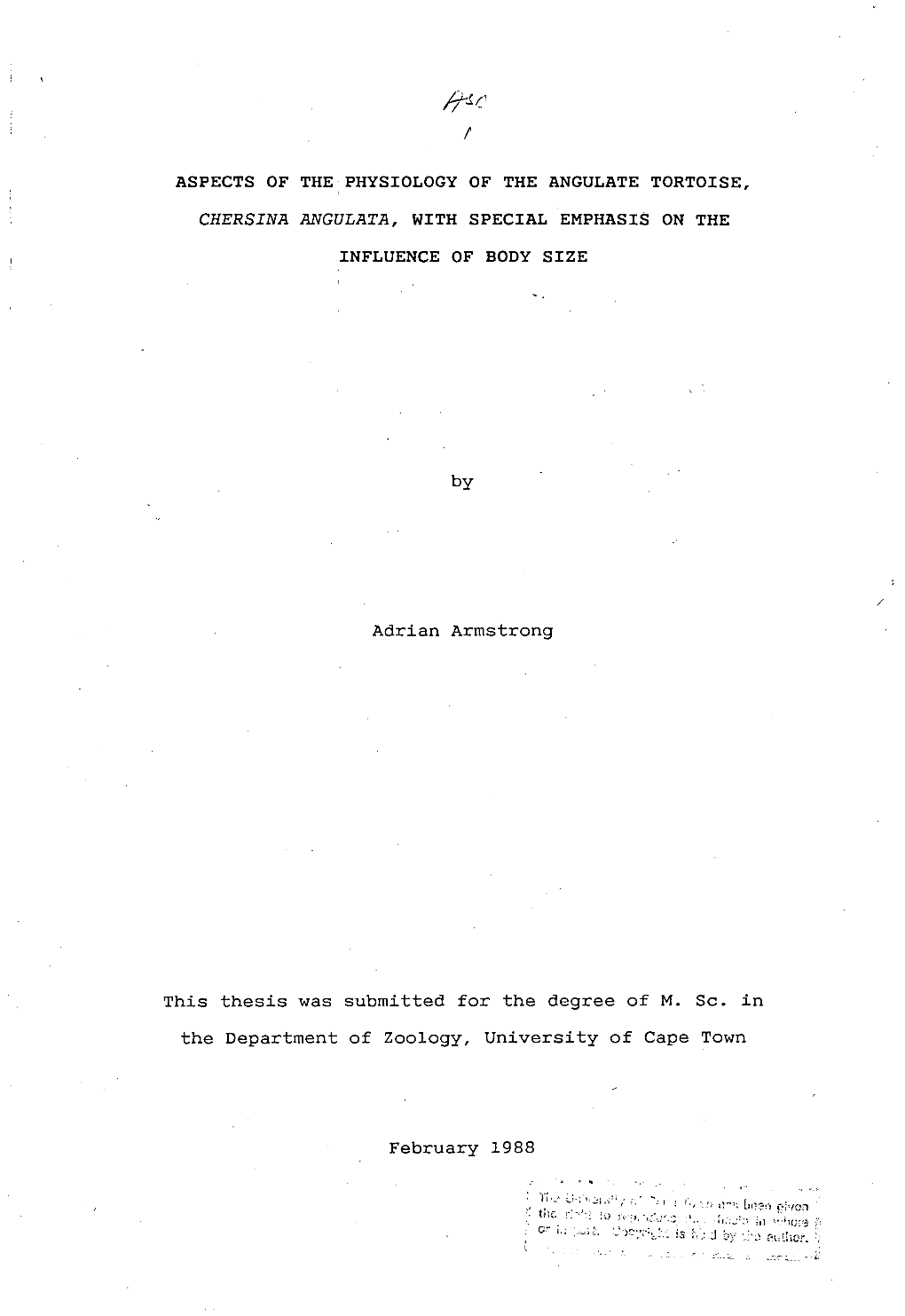 Aspects of the Physiology of the Angulate Tortoise, Chersina