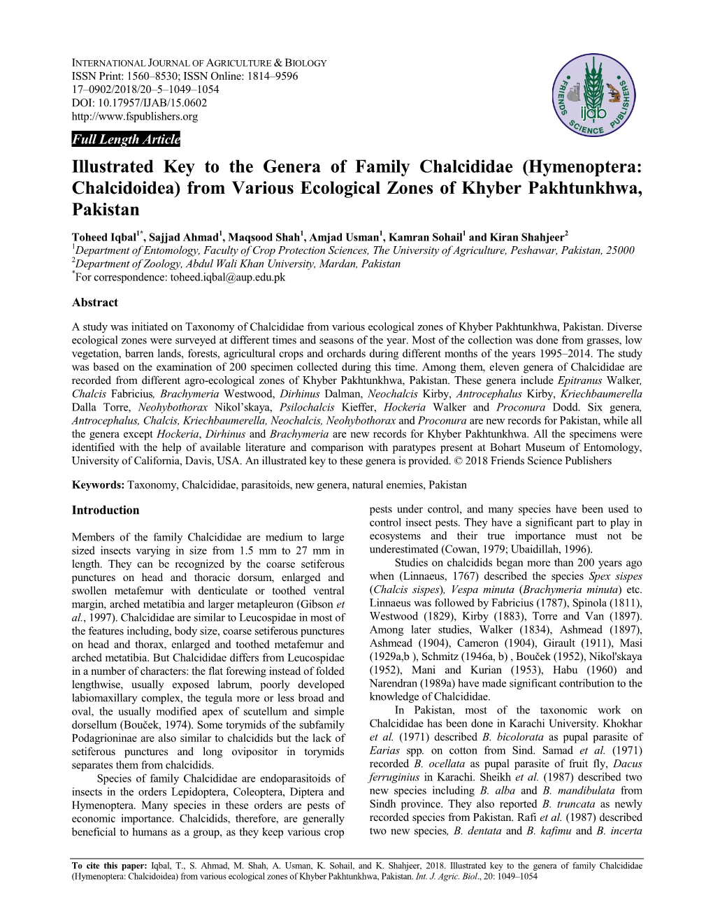 Illustrated Key to the Genera of Family Chalcididae (Hymenoptera: Chalcidoidea) from Various Ecological Zones of Khyber Pakhtunkhwa, Pakistan