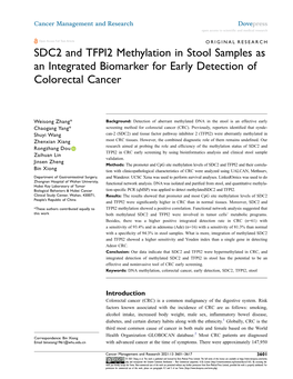 SDC2 and TFPI2 Methylation in Stool Samples As an Integrated Biomarker for Early Detection of Colorectal Cancer