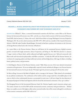 News Release: Michael L. Mussa, Senior Fellow at the Peterson