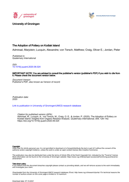 The Adoption of Pottery on Kodiak Island Admiraal, Marjolein; Lucquin, Alexandre; Von Tersch, Matthew; Craig, Oliver E.; Jordan, Peter