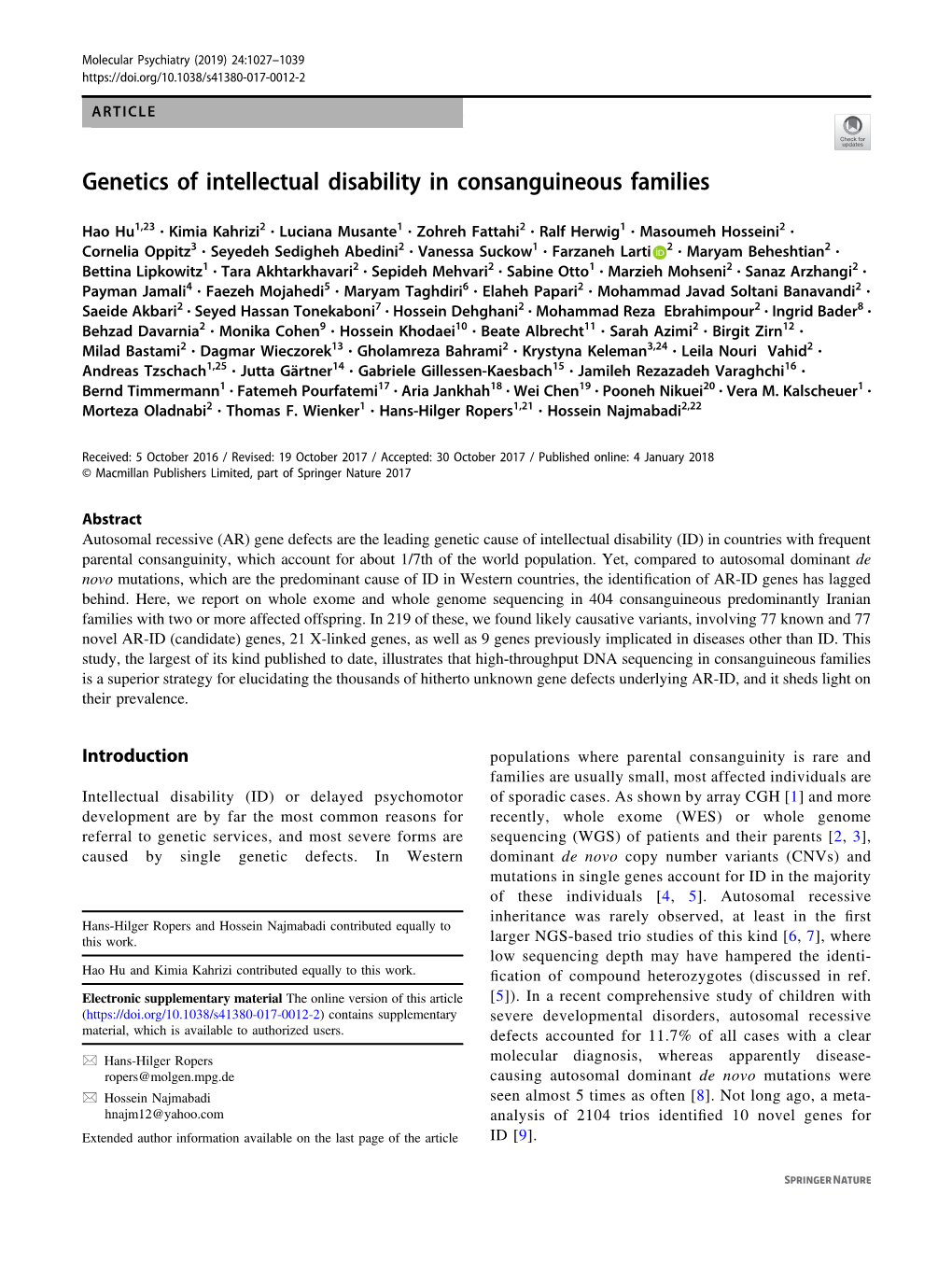 Genetics of Intellectual Disability in Consanguineous Families