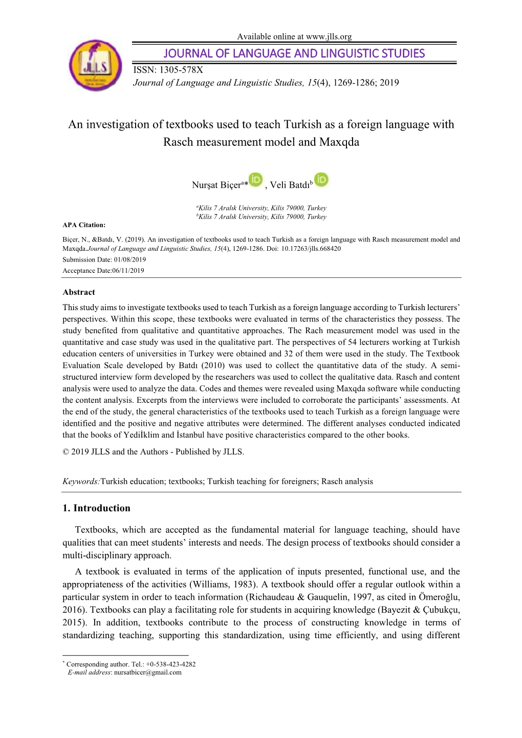 JOURNAL of LANGUAGE and LINGUISTIC STUDIES ISSN: 1305-578X Journal of Language and Linguistic Studies, 15(4), 1269-1286; 2019