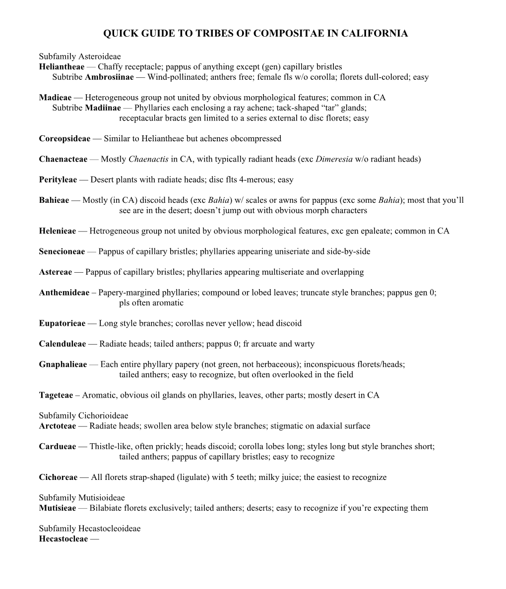 Quick Guide to Tribes of Compositae in California