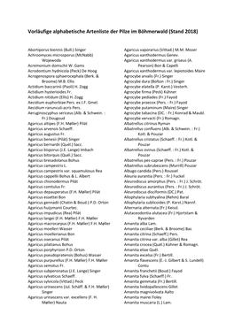 Vorläufige Alphabetische Artenliste Der Pilze Im Böhmerwald (Stand 2018)