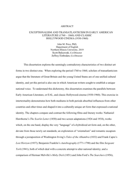 Exceptionalism and Transatlanticism in Early American Literature (1760 – 1860) and Classic Hollywood Cinema (1930-1960)