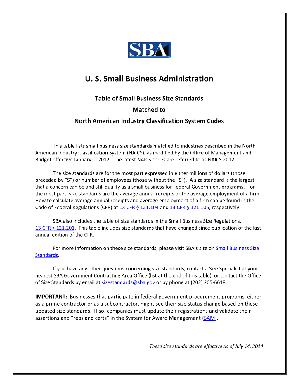 Table of Small Business Size Standards Matched to North American ...