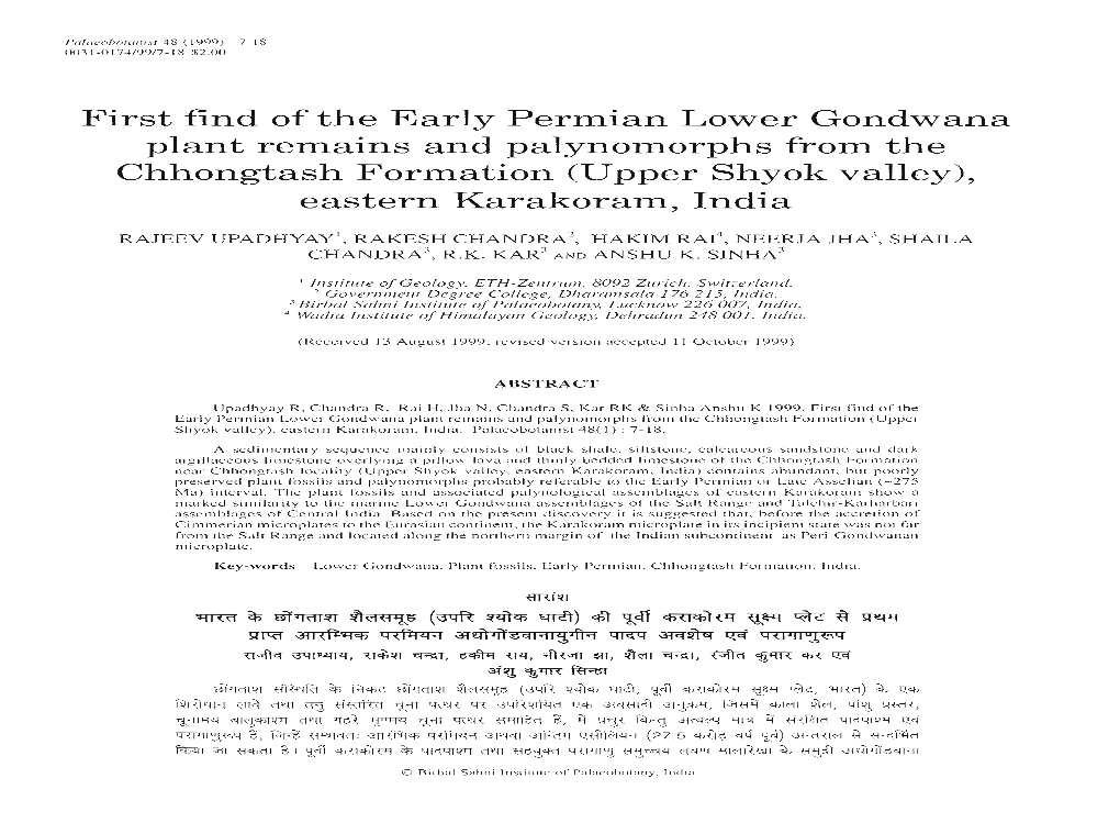 First Find of the Early Permian Lower Gondwana Plant Remains and Palynomorphs from the Chhongtash Formation (Upper Shyok Valley), Eastern Karakoram, India