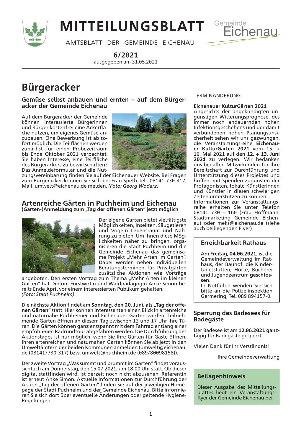 MITTEILUNGSBLATT AMTSBLATT DER GEMEINDE EICHENAU 6/2021 Ausgegeben Am 31.05.2021