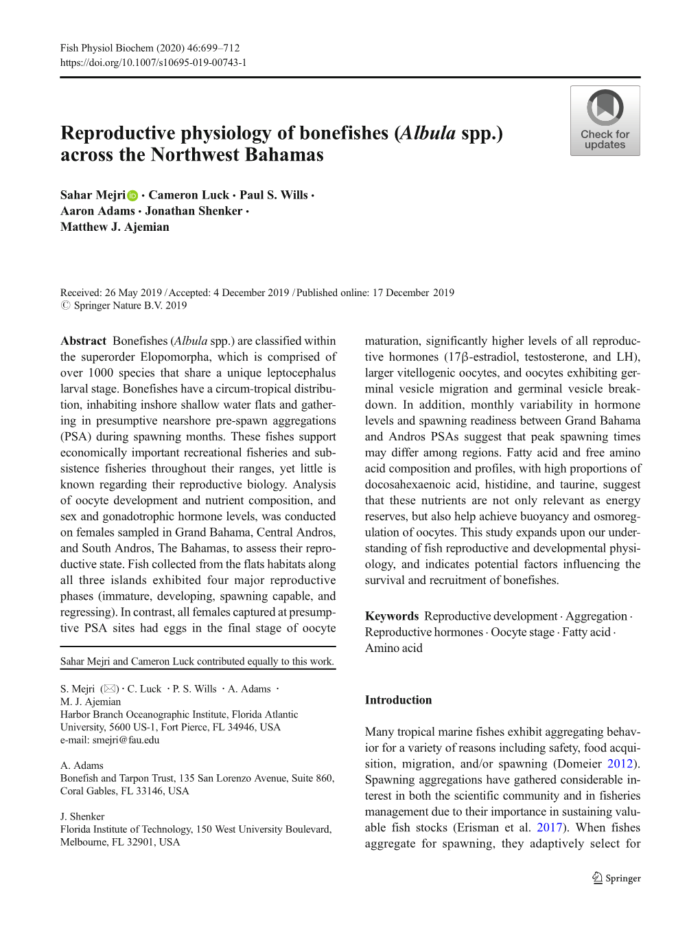 Reproductive Physiology of Bonefishes (Albula Spp.) Across the Northwest Bahamas