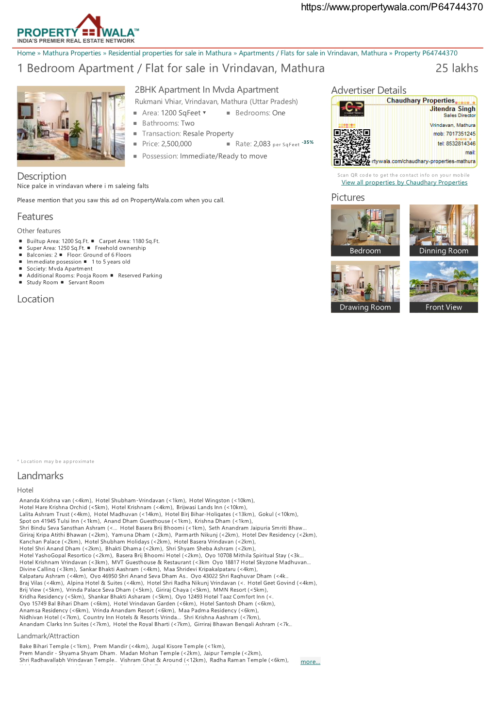 1 Bedroom Apartment / Flat for Sale in Vrindavan, Mathura (P64744370