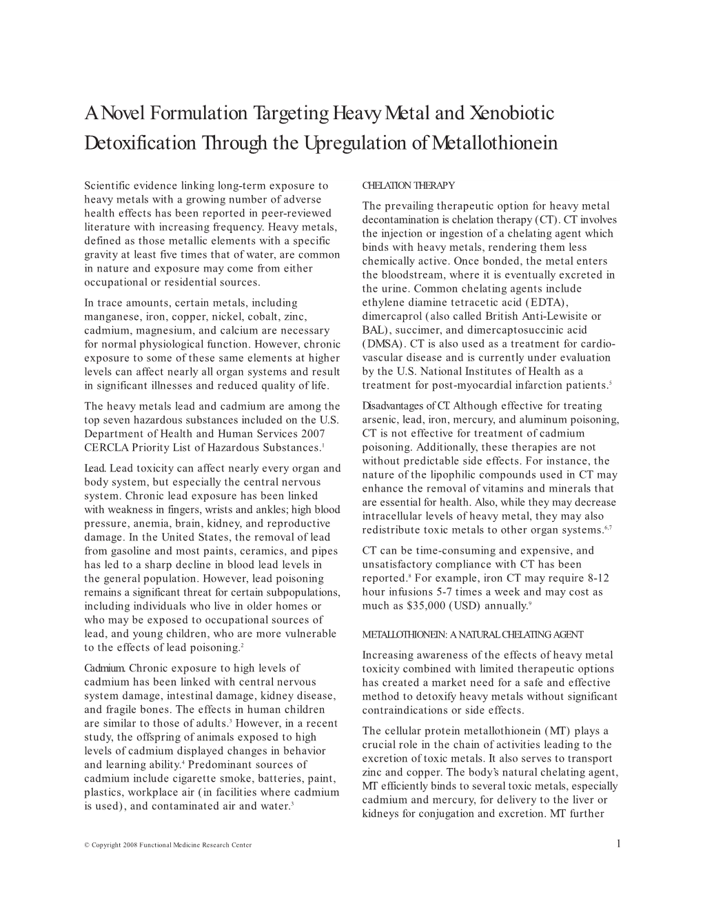 A Novel Formulation Targeting Heavy Metal and Xenobiotic Detoxification Through the Upregulation of Metallothionein