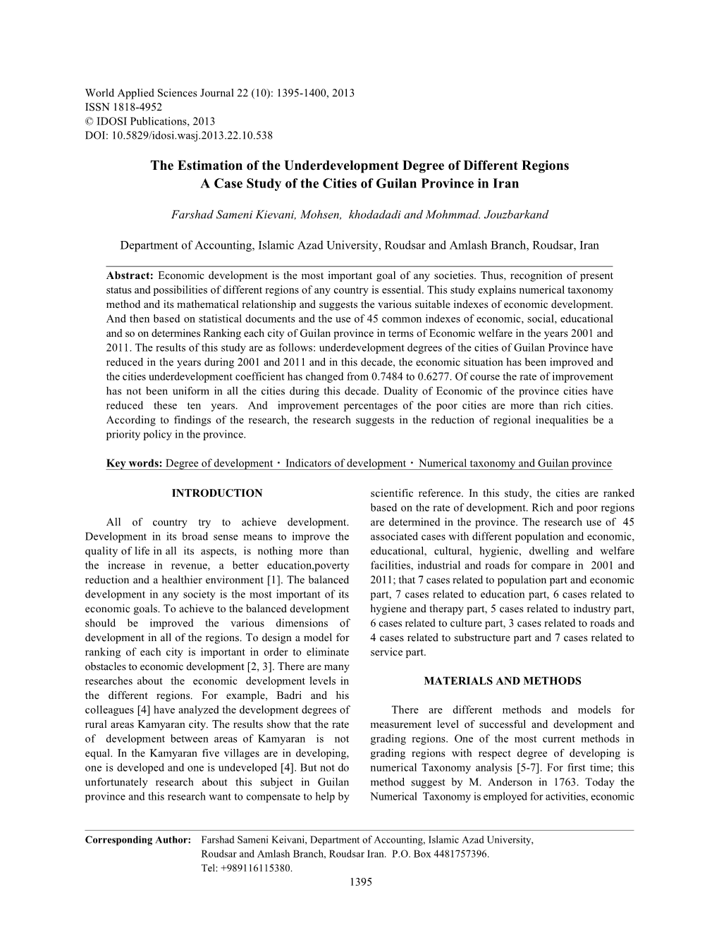 The Estimation of the Underdevelopment Degree of Different Regions a Case Study of the Cities of Guilan Province in Iran