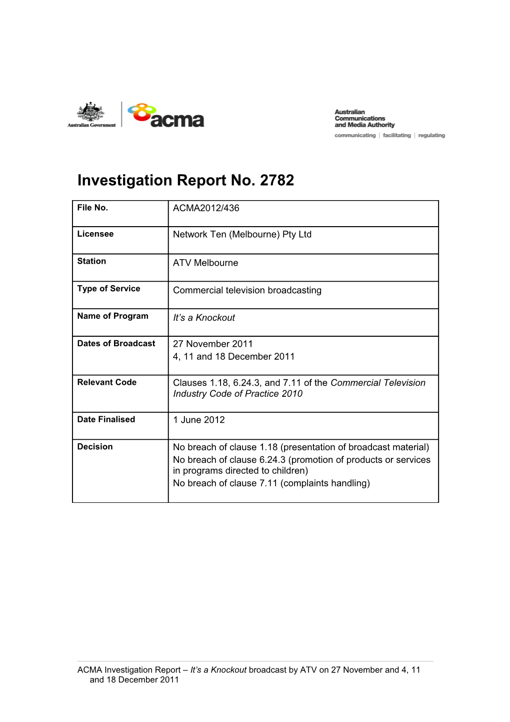 Atv Melb - ACMA Investigation Report 2782