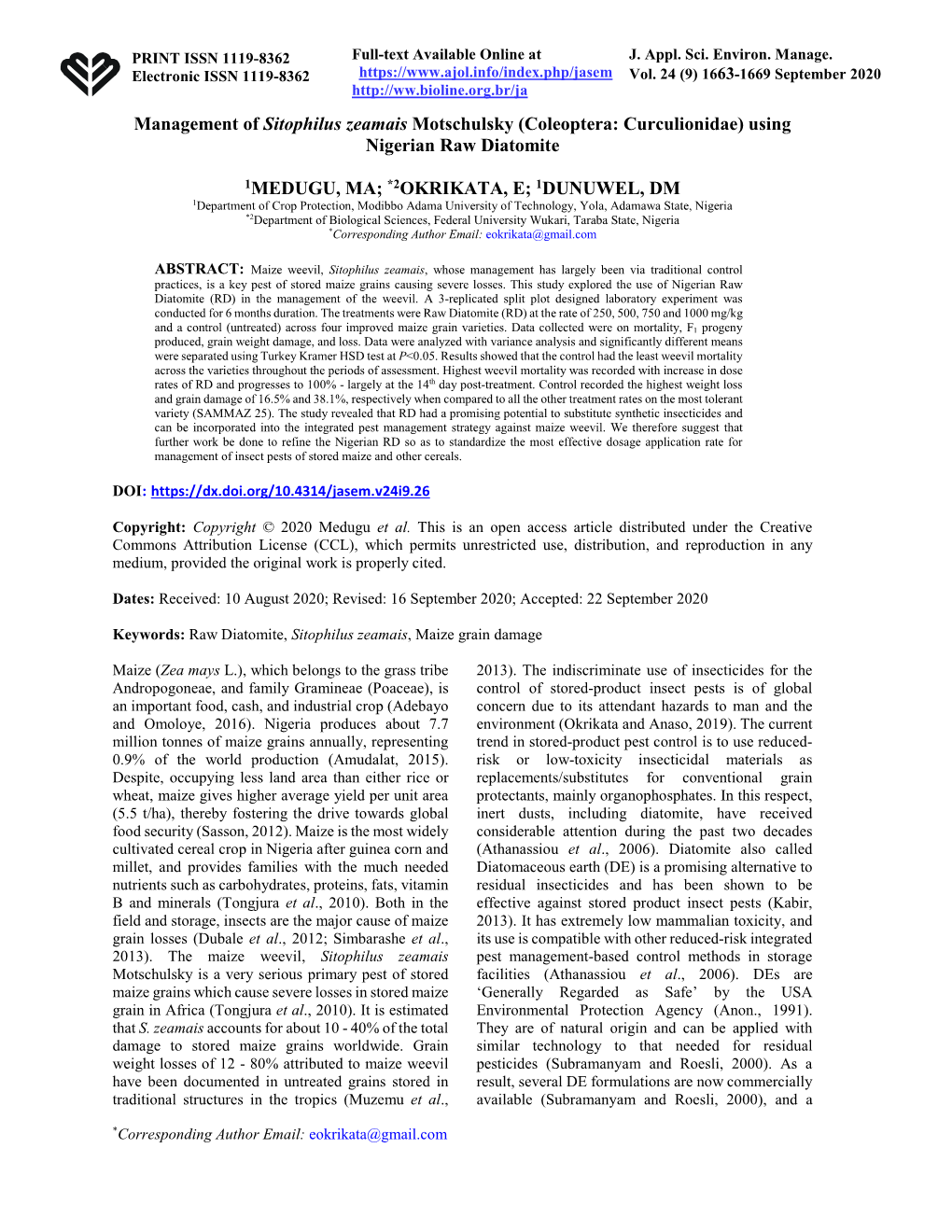 Management of Sitophilus Zeamais Motschulsky (Coleoptera: Curculionidae) Using Nigerian Raw Diatomite