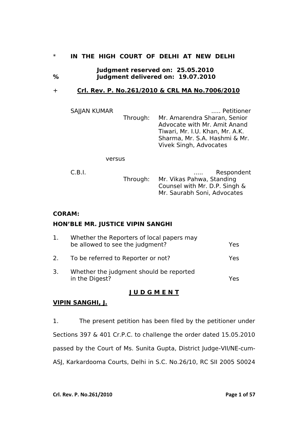 Crl. Rev. P. No.261/2010 Page 1 of 57 * in the HIGH COURT of DELHI