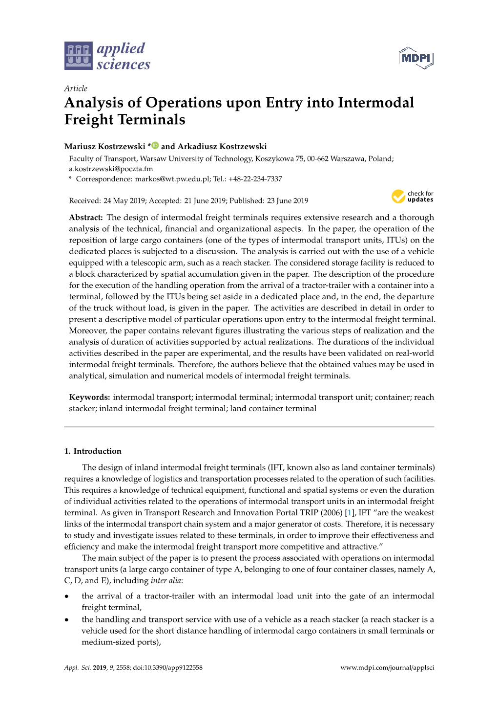 Analysis of Operations Upon Entry Into Intermodal Freight Terminals