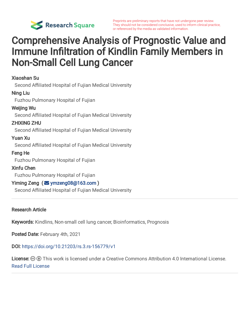 Comprehensive Analysis of Prognostic Value and Immune Infiltration of Kindlin Family Members in Non-Small Cell Lung Cancer Xiaos