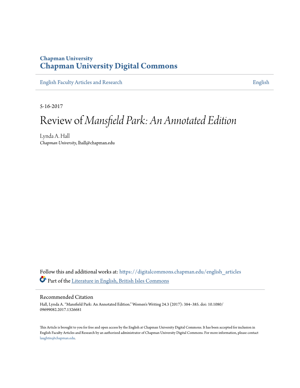 Mansfield Park: an Annotated Edition&lt;/Em&gt;