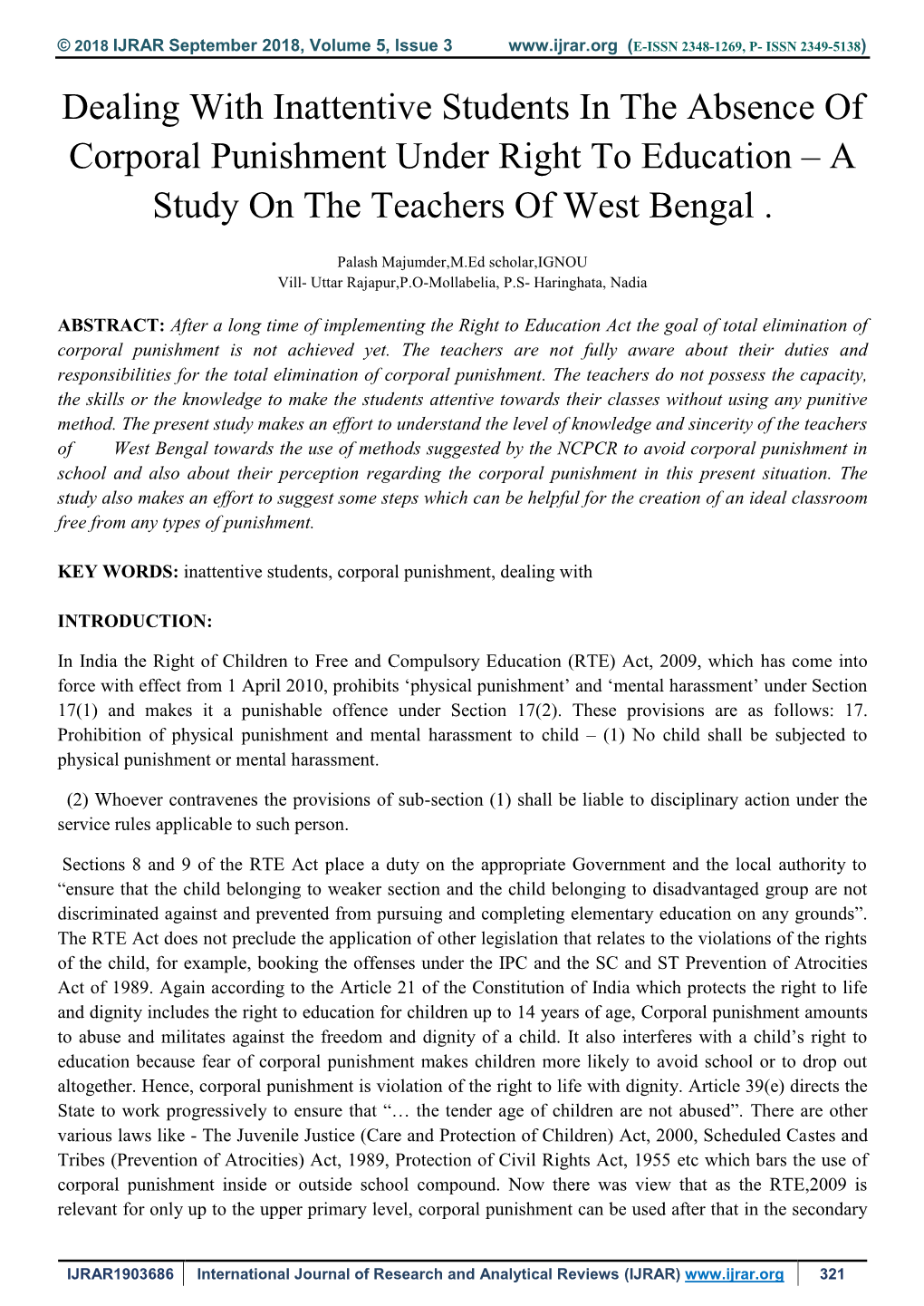 Dealing with Inattentive Students in the Absence of Corporal Punishment Under Right to Education – a Study on the Teachers of West Bengal