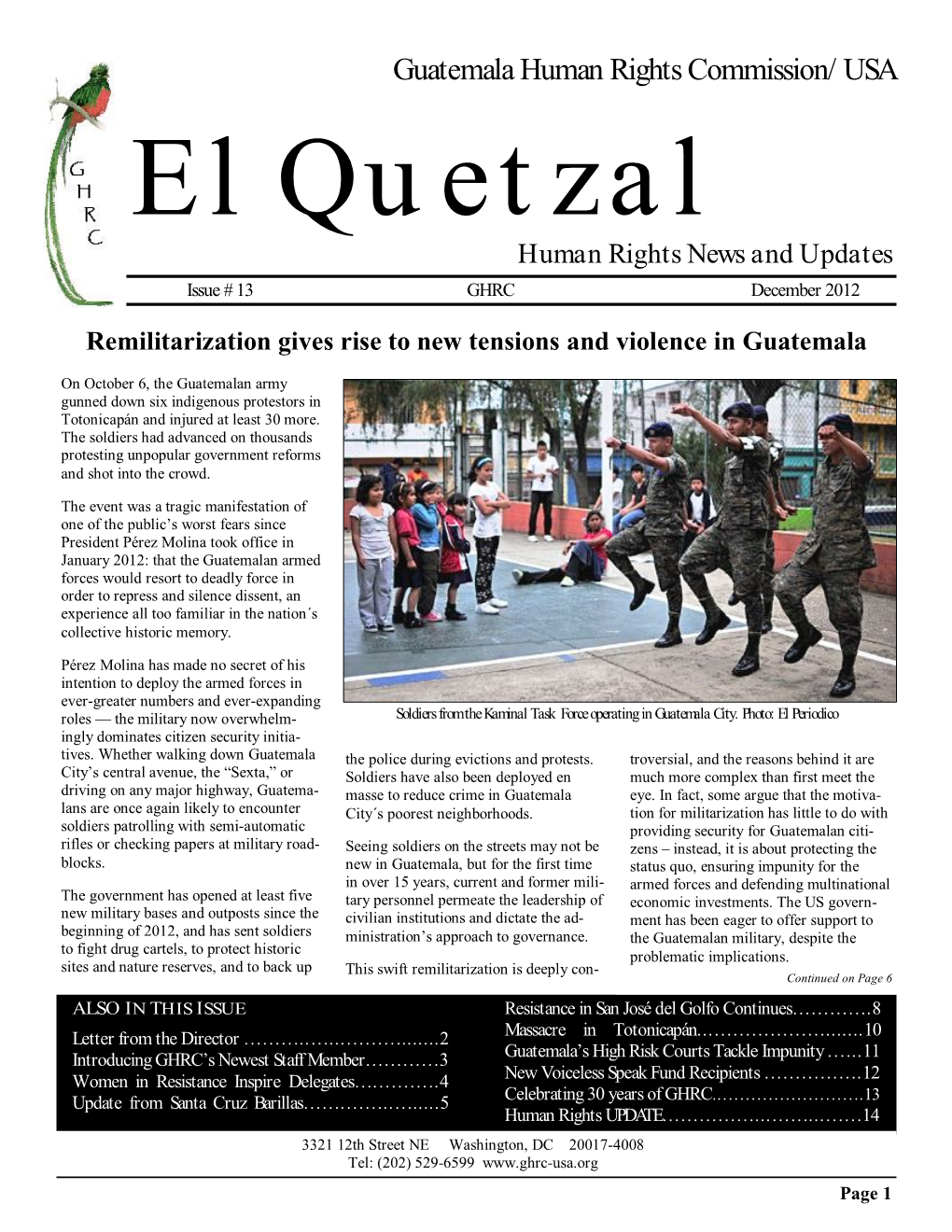 Guatemala Human Rights Commission/USA El Quetzal Human Rights News and Updates Issue #13 GHRC December 2012