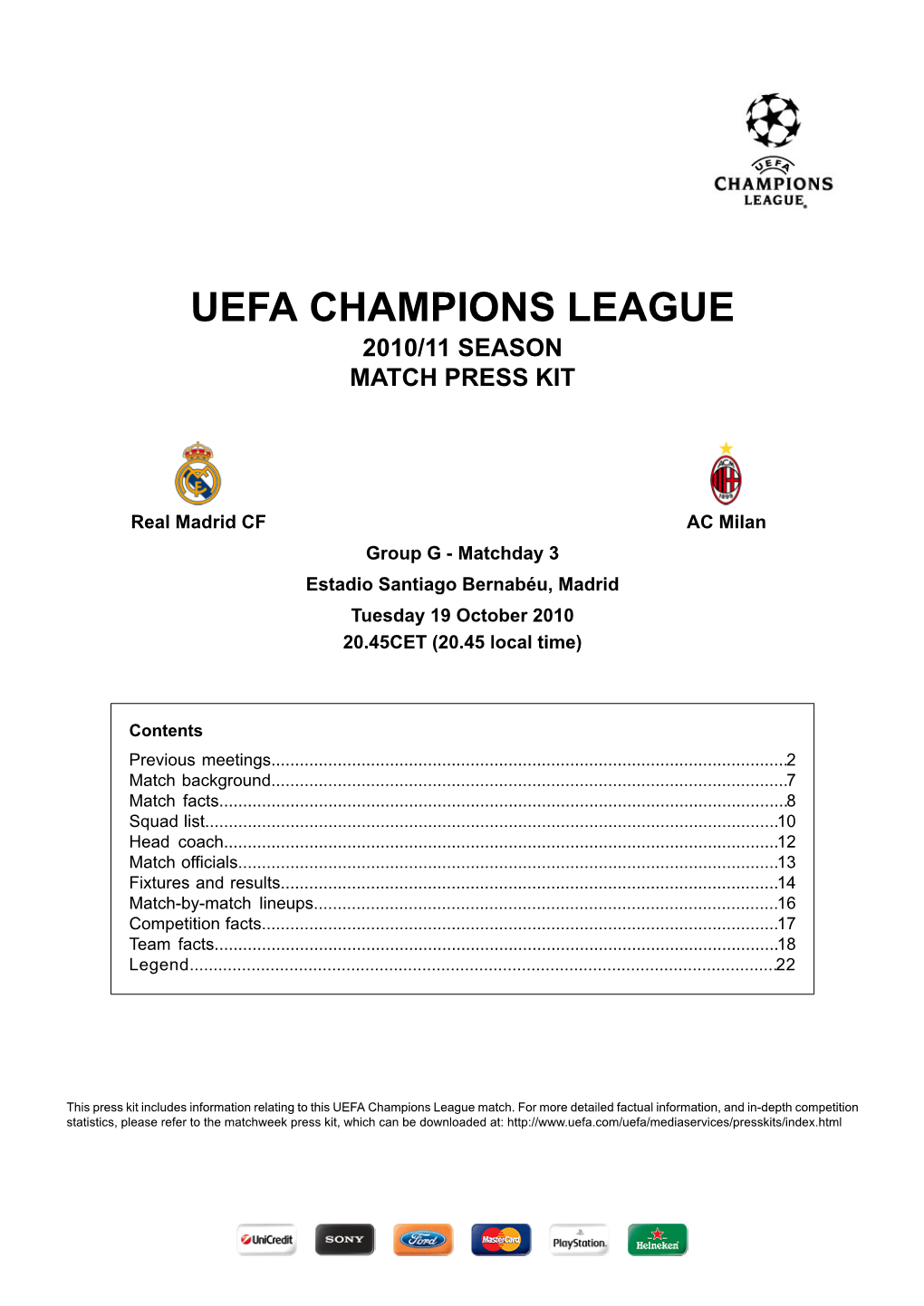 Uefa Champions League 2010/11 Season Match Press Kit