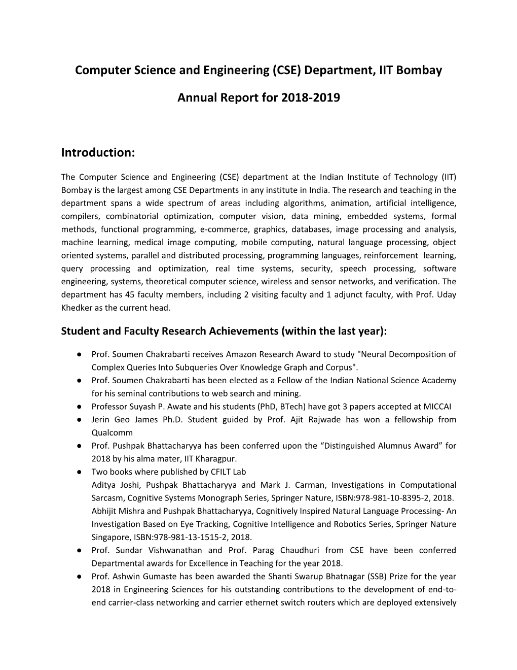 (CSE) Department, IIT Bombay Annual Report for 2018-2019 Introduction