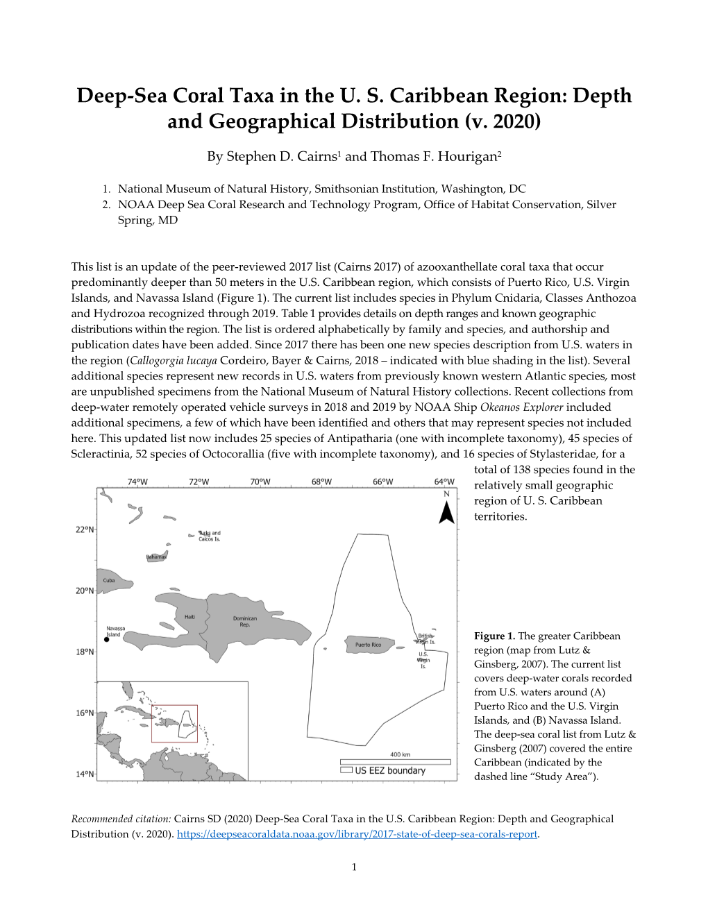 Deep-Sea Coral Taxa in the U. S. Caribbean Region: Depth and Geographical Distribution (V