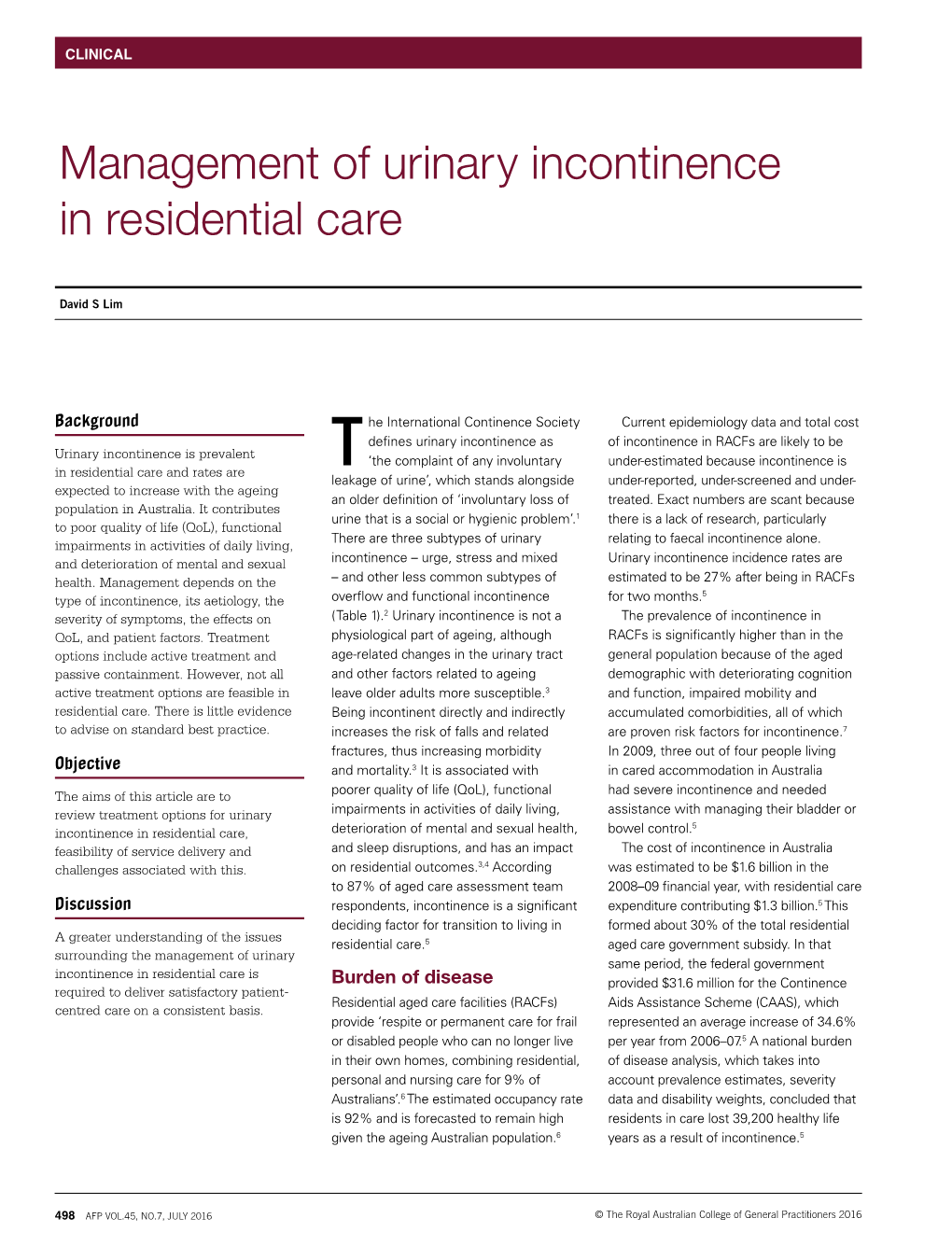 Management of Urinary Incontinence in Residential Care