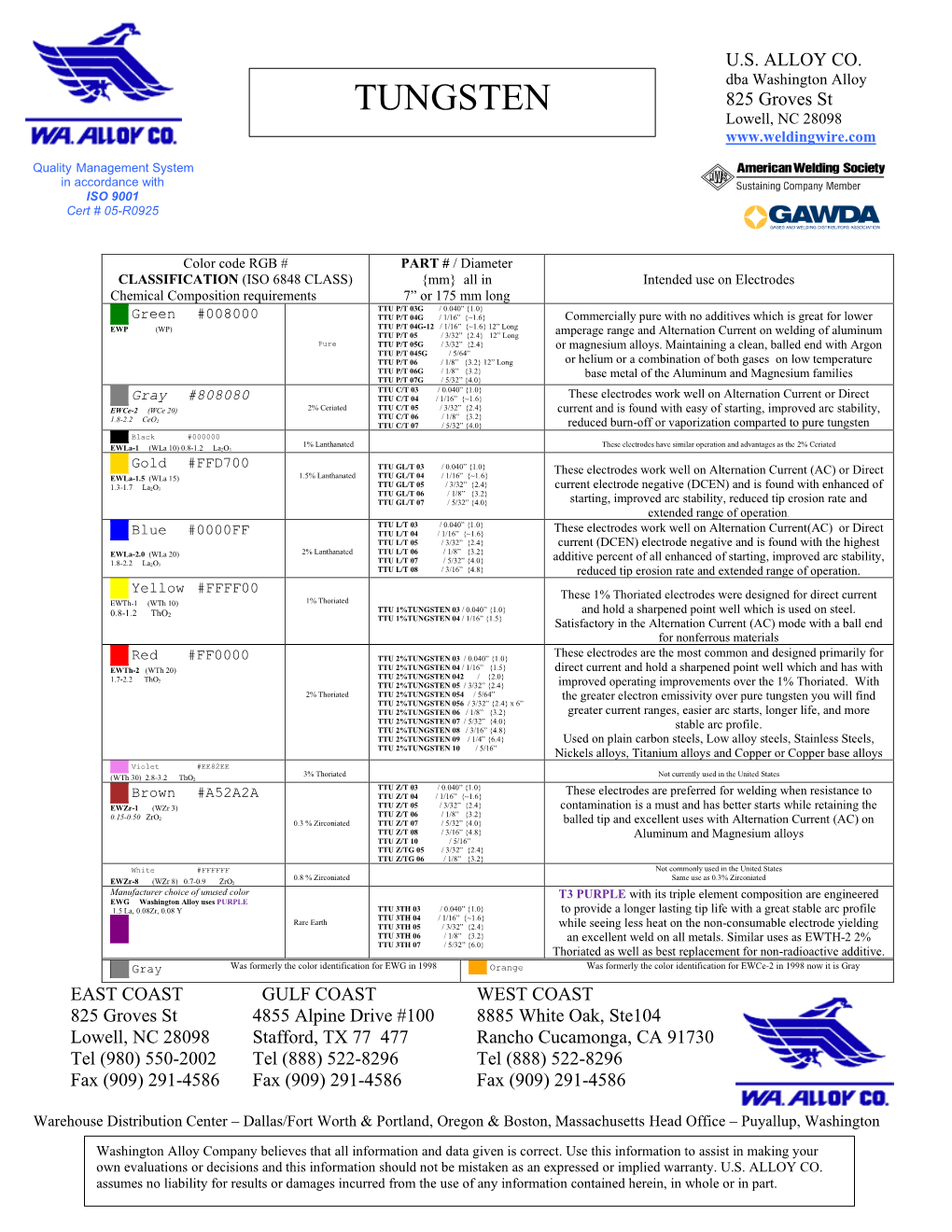 TUNGSTEN 825 Groves St Lowell, NC 28098 Quality Management System in Accordance with ISO 9001 Cert # 05-R0925