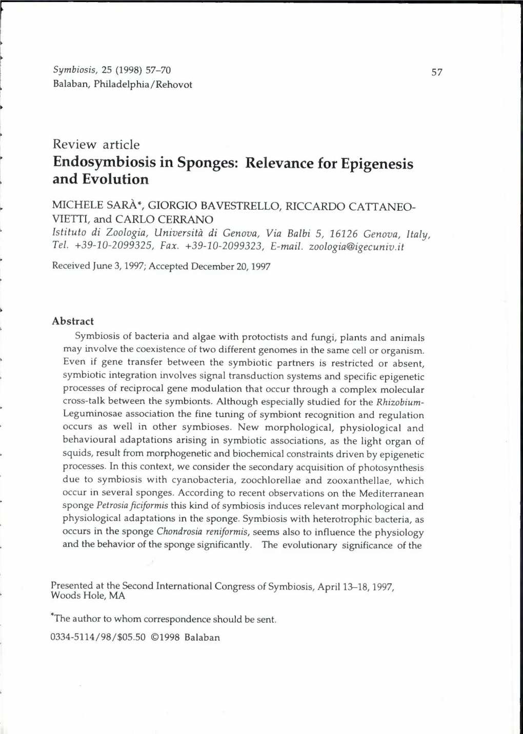 Endosymbiosis in Sponges: Relevance for Epigenesis and Evolution