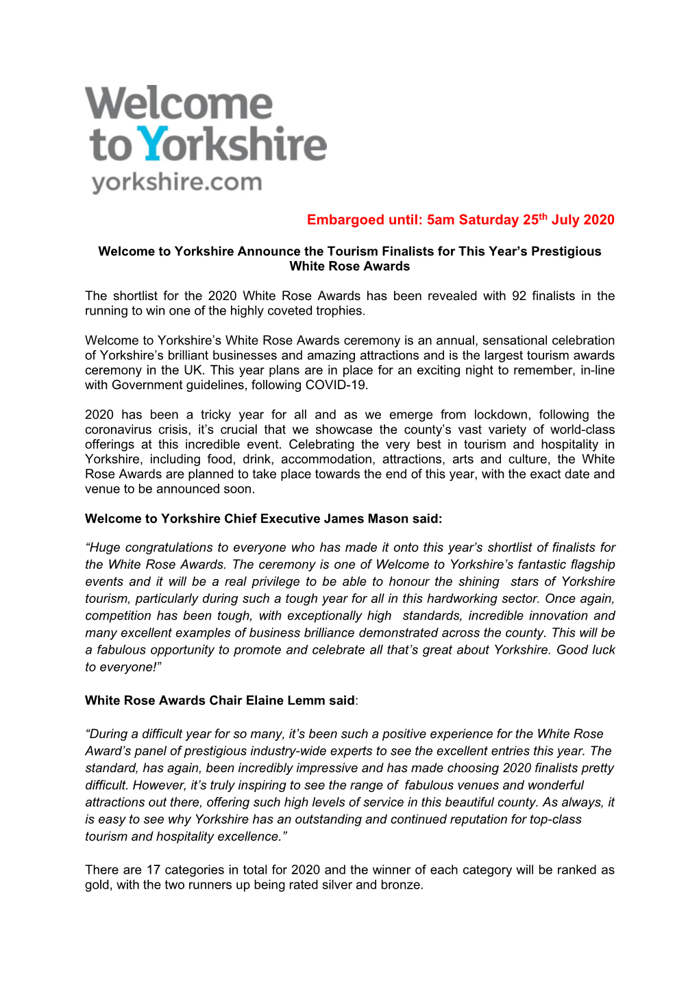 Press Releases Welcome to Yorkshire