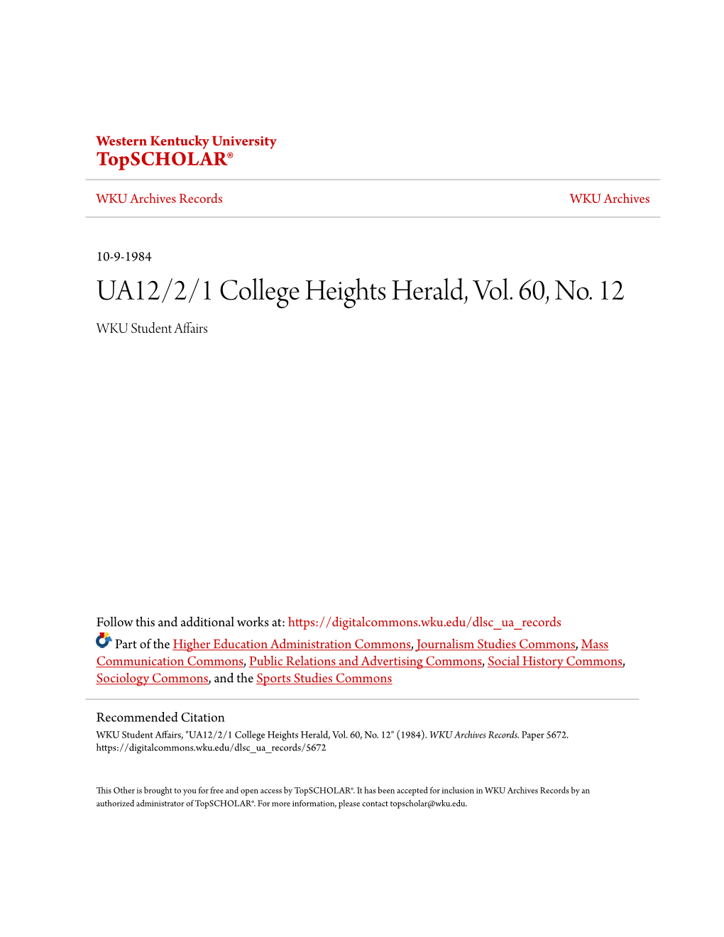 UA12/2/1 College Heights Herald, Vol. 60, No. 12 WKU Student Affairs