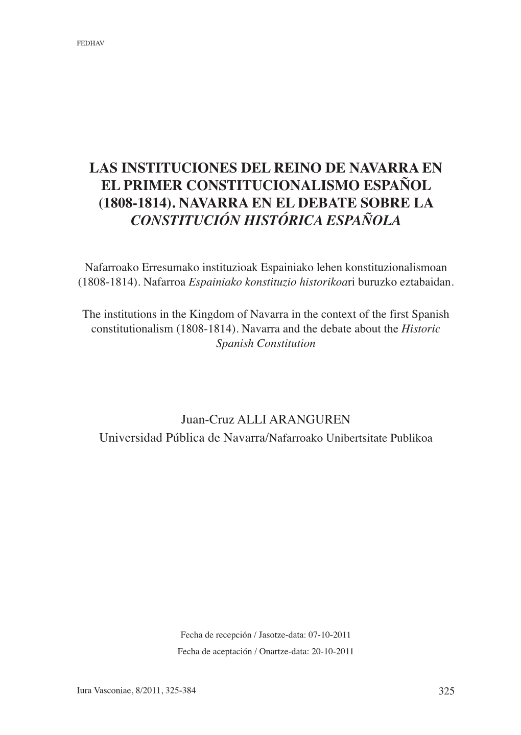 Navarra En El Debate Sobre La Constitución Histórica Española