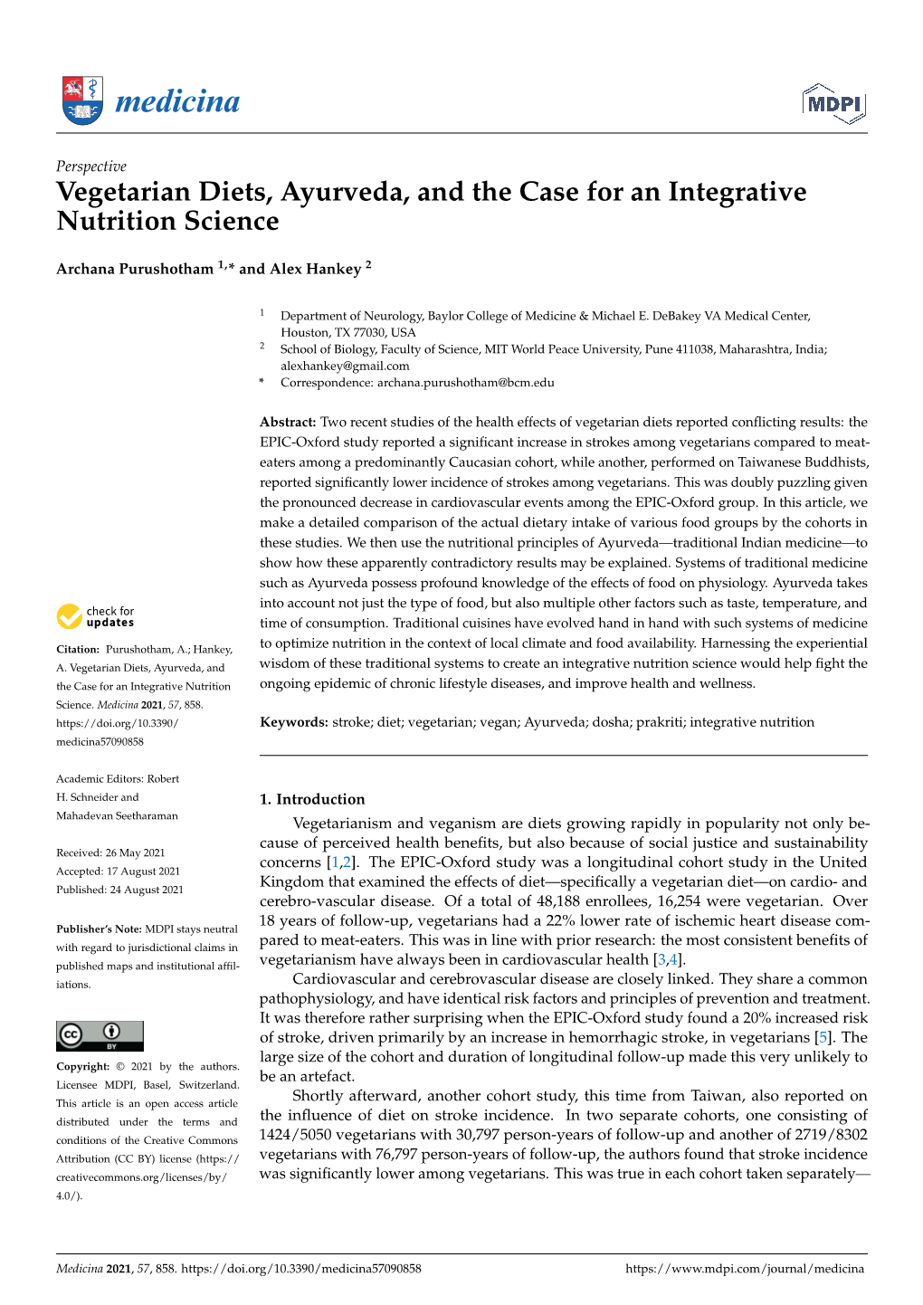 Vegetarian Diets, Ayurveda, and the Case for an Integrative Nutrition Science