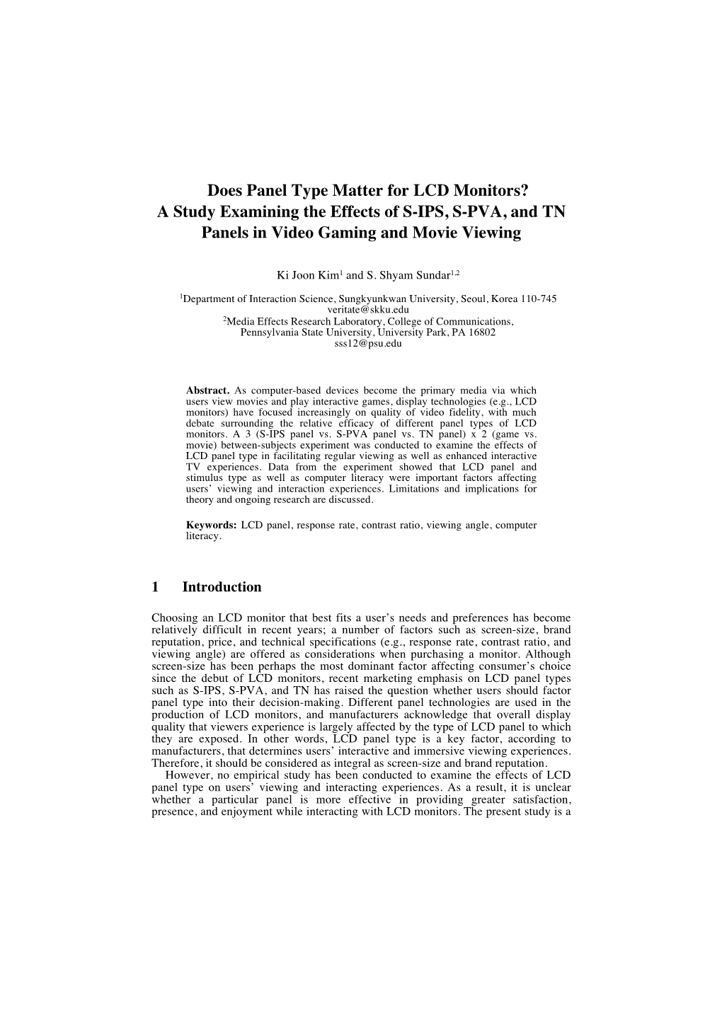 Does Panel Type Matter for LCD Monitors? a Study Examining the Effects of S-IPS, S-PVA, and TN Panels in Video Gaming and Movie Viewing