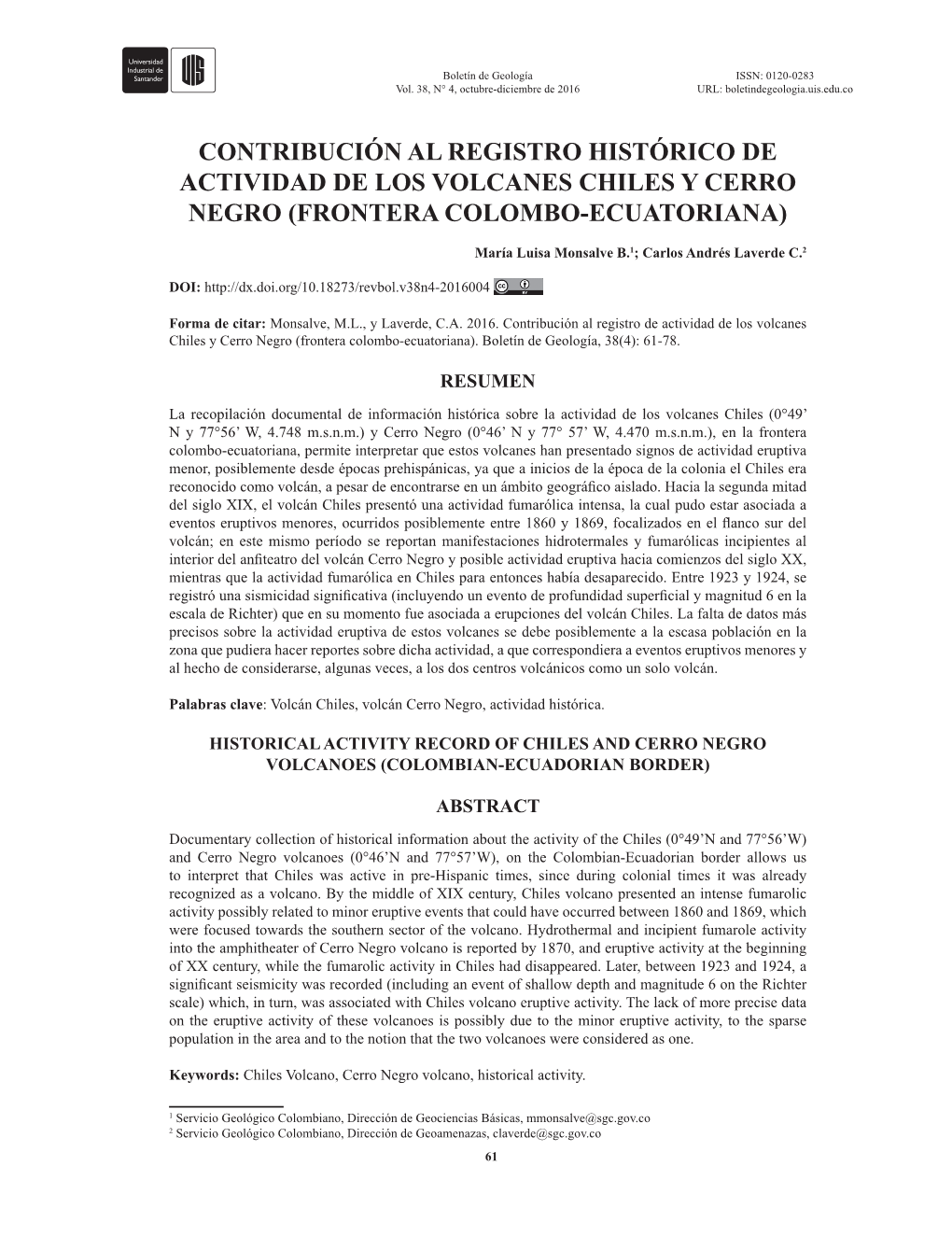 Historical Activity Record of Chiles and Cerro Negro Volcanoes (Colombian-Ecuadorian Border)