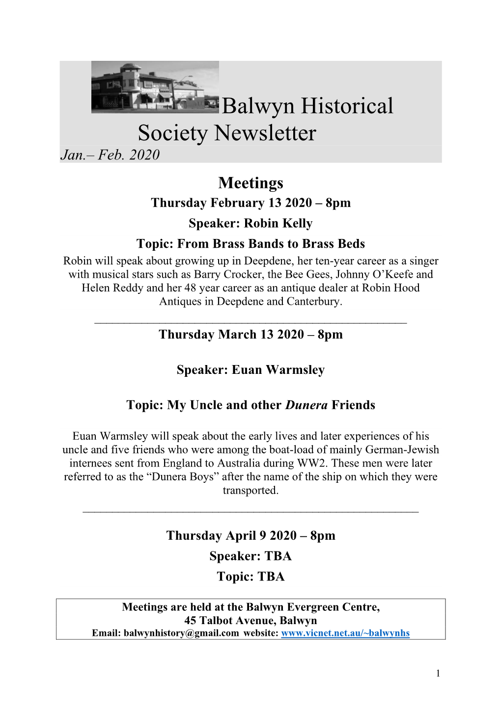 Balwyn Historical Society Newsletter Jan.– Feb