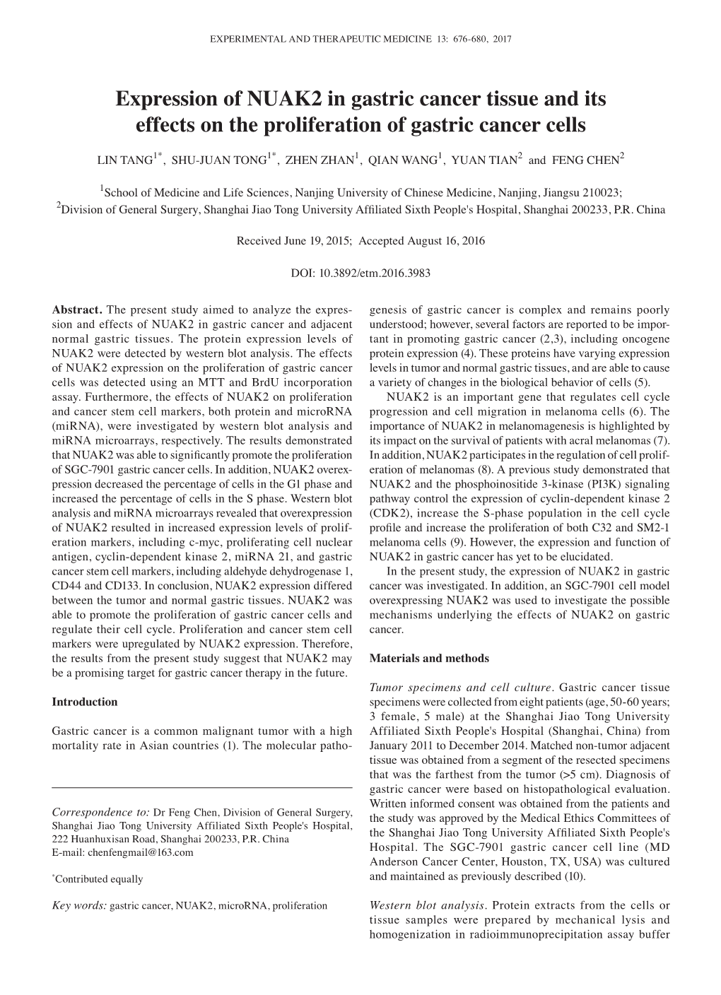 Expression of NUAK2 in Gastric Cancer Tissue and Its Effects on the Proliferation of Gastric Cancer Cells