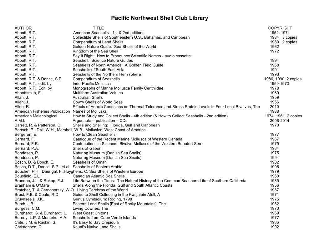 Pacific Northwest Shell Club Library