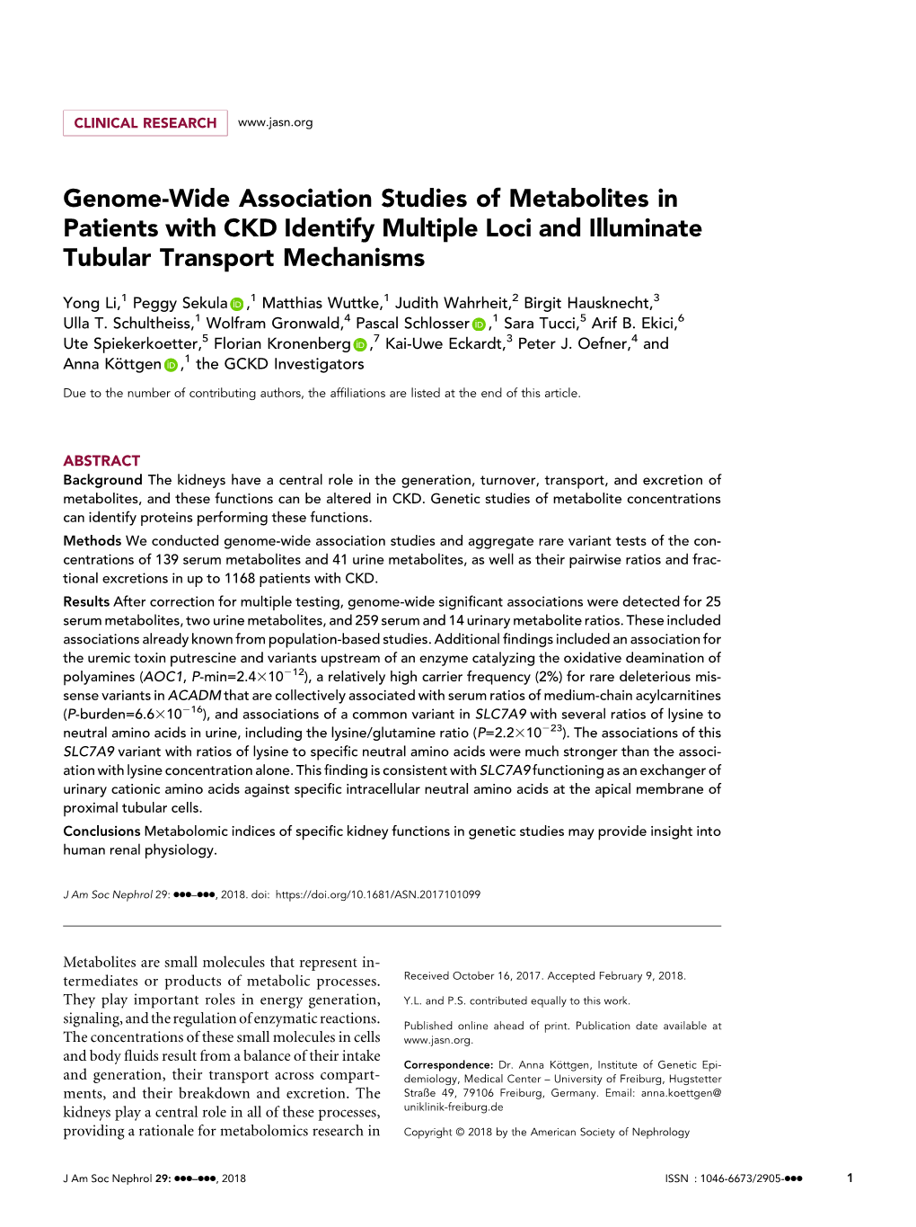 Genome-Wide Association Studies of Metabolites in Patients with CKD Identify Multiple Loci and Illuminate Tubular Transport Mechanisms