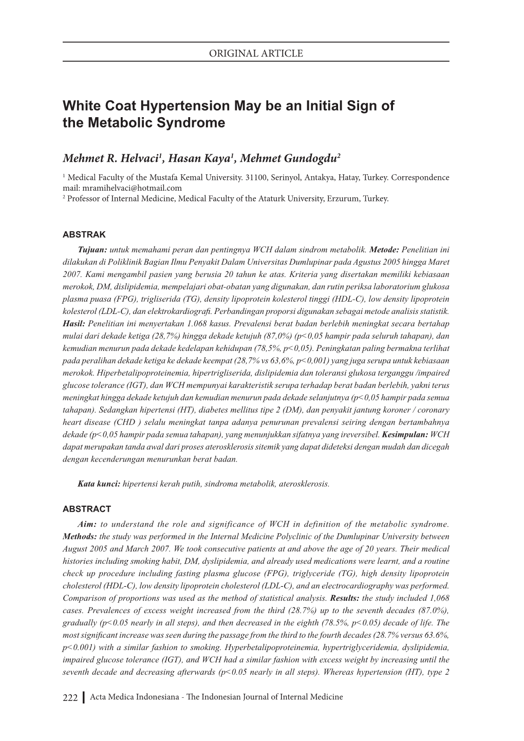 White Coat Hypertension May Be an Initial Sign of the Metabolic Syndrome