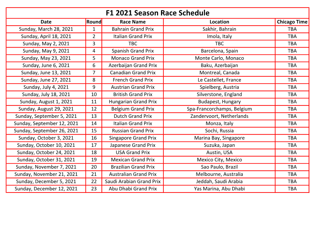 F1 2021 Season Race Schedule