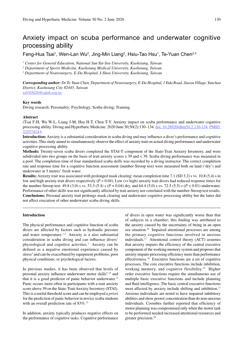 Anxiety Impact on Scuba Performance and Underwater Cognitive