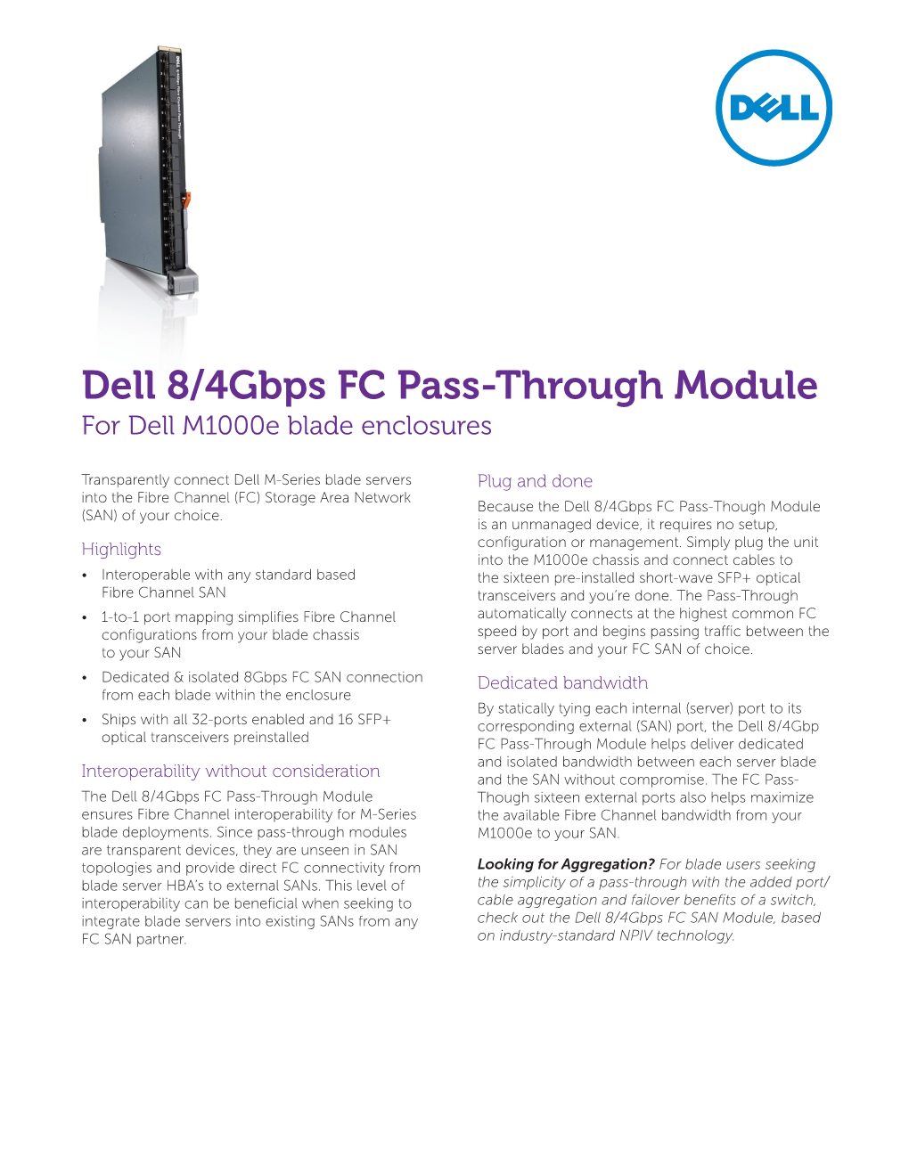 Dell 8/4Gbps FC Pass-Through Module for Dell M1000e Blade Enclosures