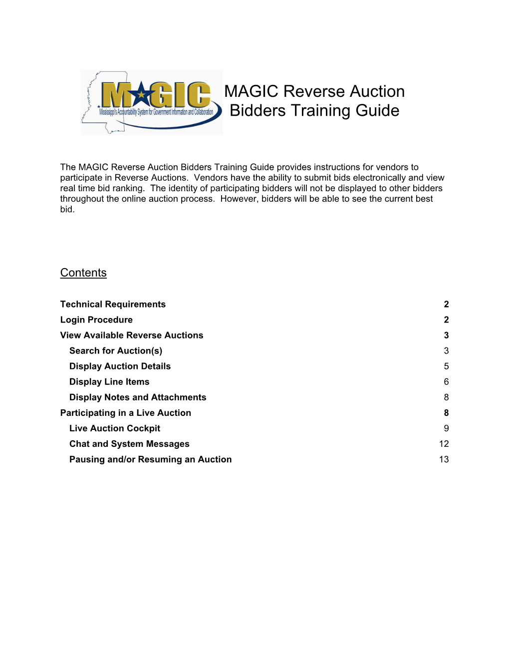 MAGIC Reverse Auction Bidders Training Guide