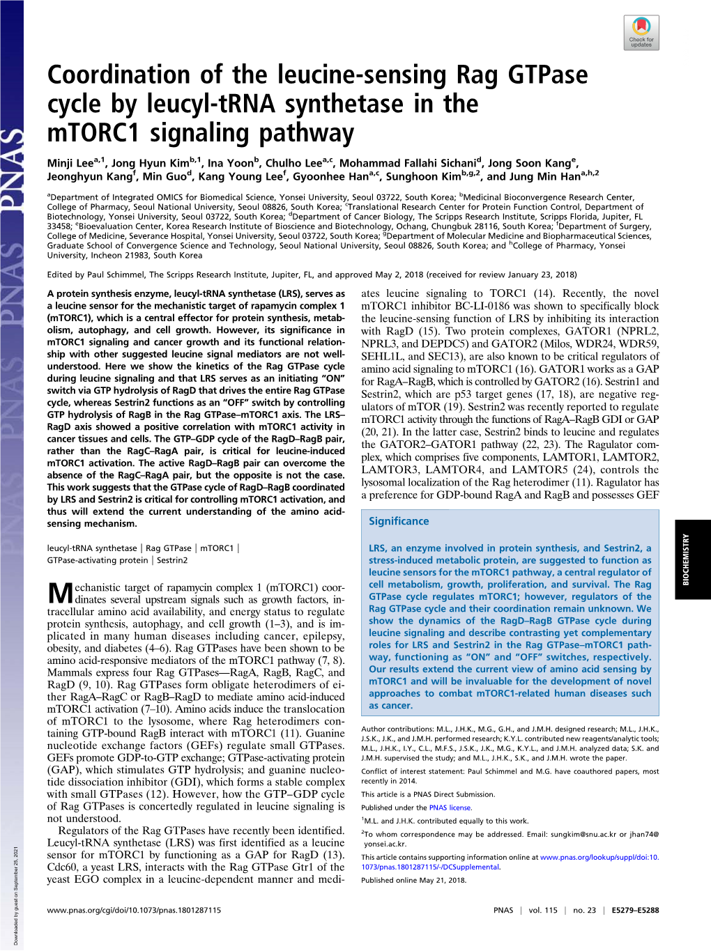 Coordination of the Leucine-Sensing Rag Gtpase Cycle by Leucyl-Trna Synthetase in the Mtorc1 Signaling Pathway