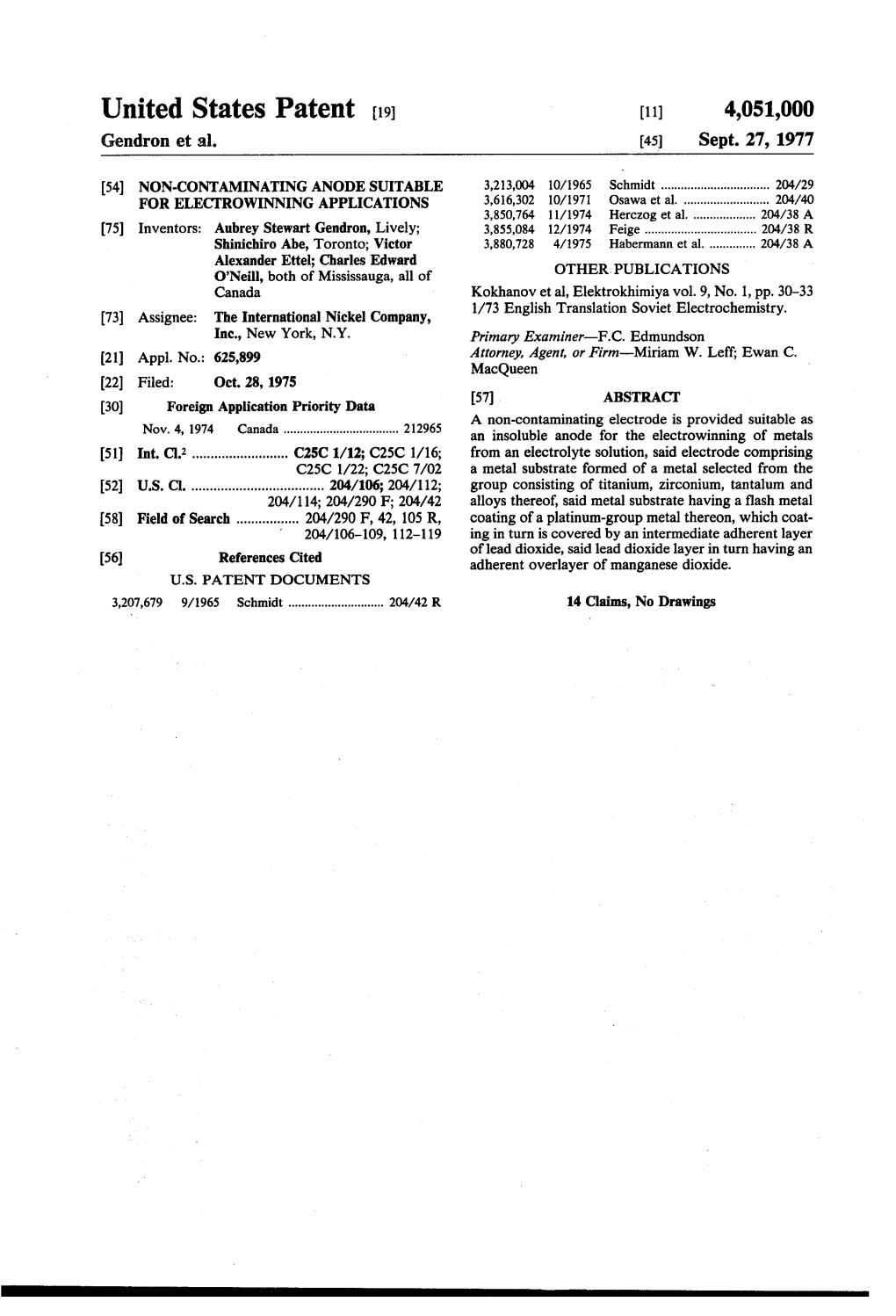 United States Patent (19) (11) 4,051,000 Gendron Et Al